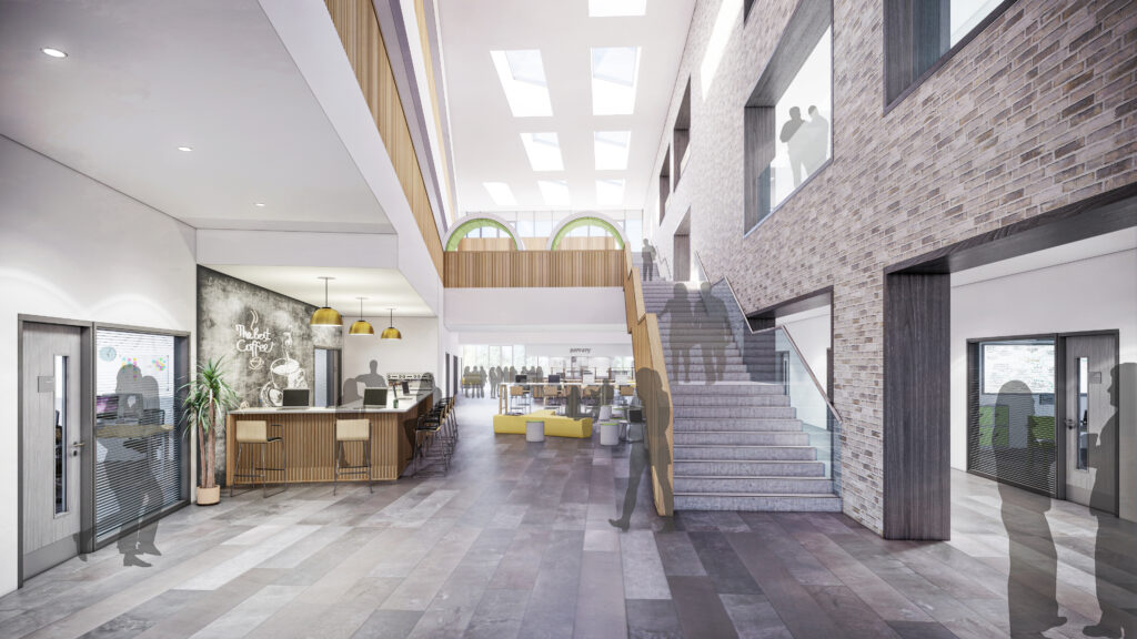 Design visualisation of Cheadle College's central atrium, staircase and café area